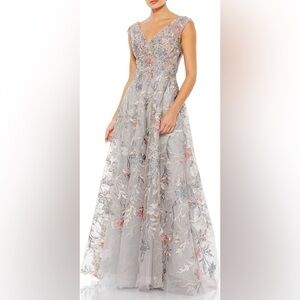 Mac Duggal Floral Embroidered V Neck Tulle Ballgown Illusion Cap Sleeve 20263